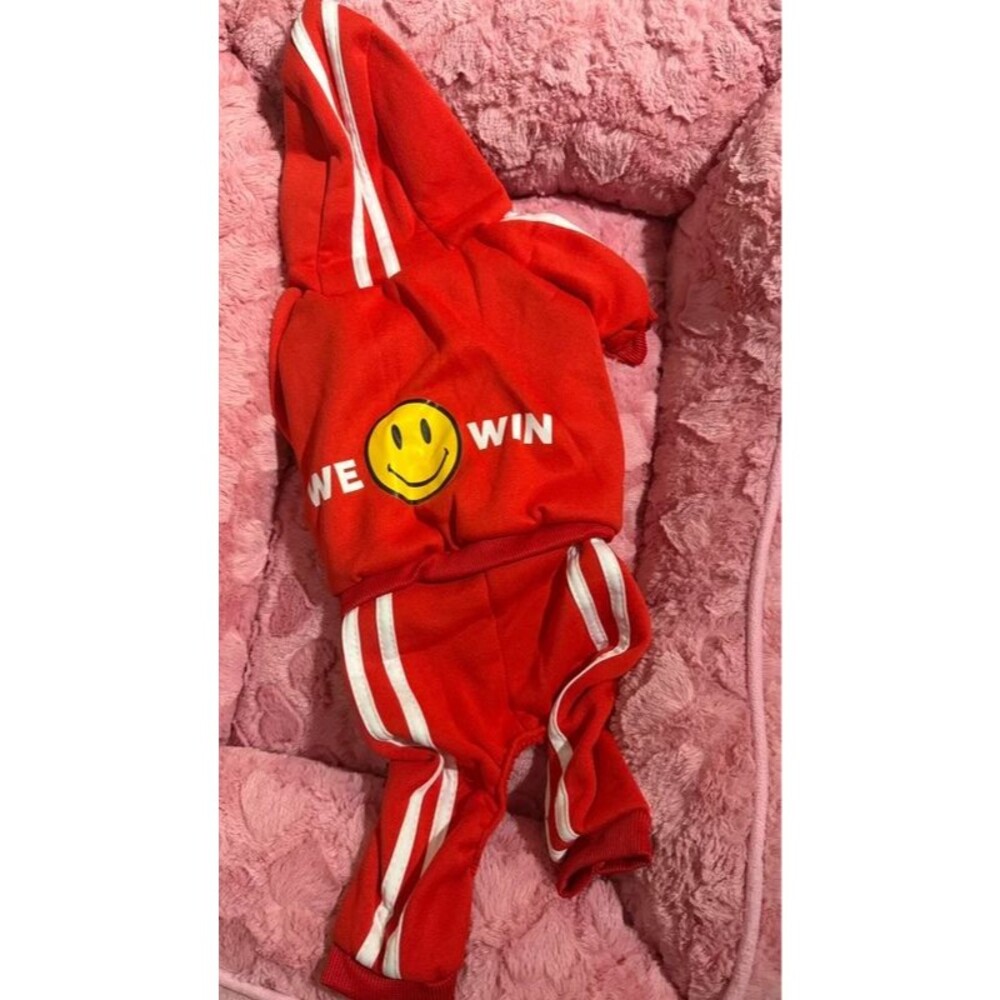Y2K Dog Tracksuit Size L Red Smiley Hoodie 4 Leg Jumpsuit Sporty Pet Clothes